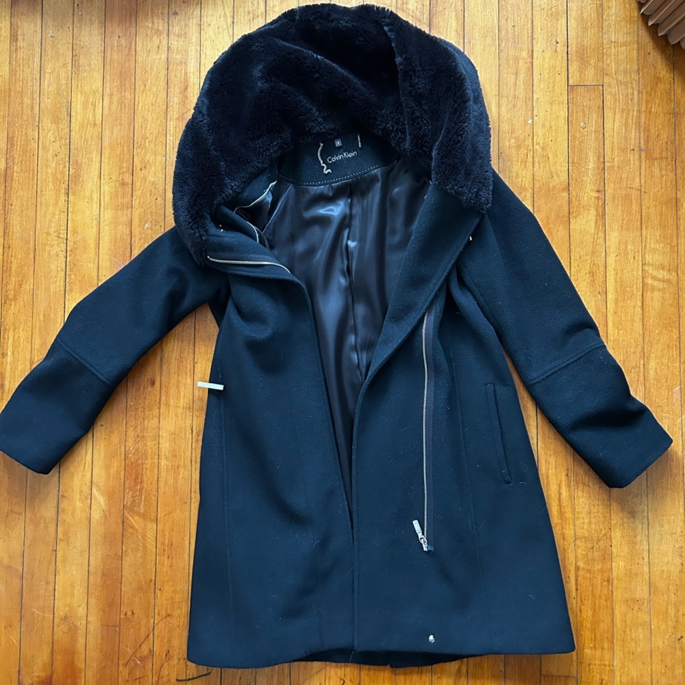 Calvin Klein Black Coat with Faux Fur